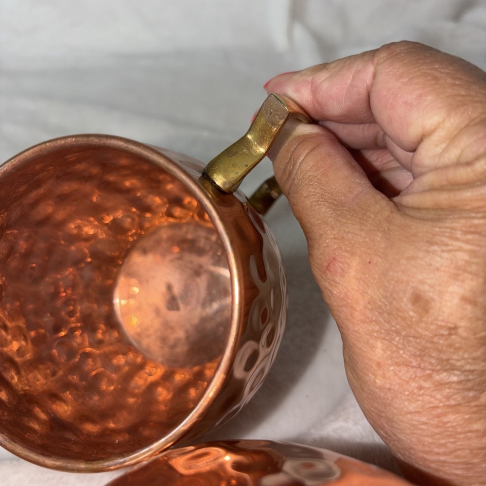 Solid Copper Classic Hammered Moscow Mule Cups Set of 4 Brass Handles Patina GUC - Picture 11 of 12